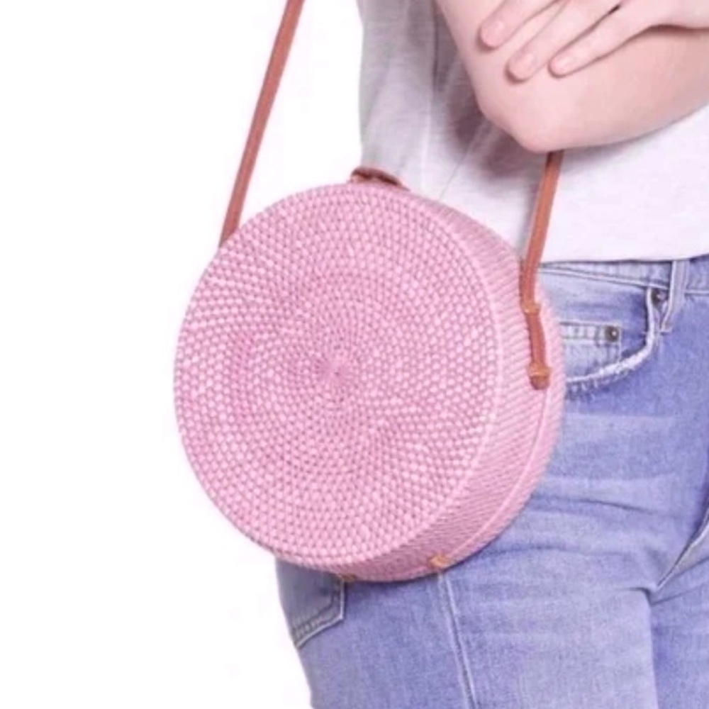 New Nordstrom Baby Pink Rattan Crossbody Bag Circular Woven Canteen Purse